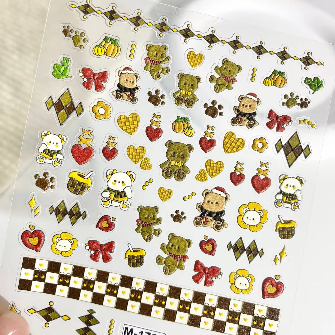 卡通美拉德格纹小熊立体浮雕美甲贴纸可爱水杯ccd手机壳diy指甲贴