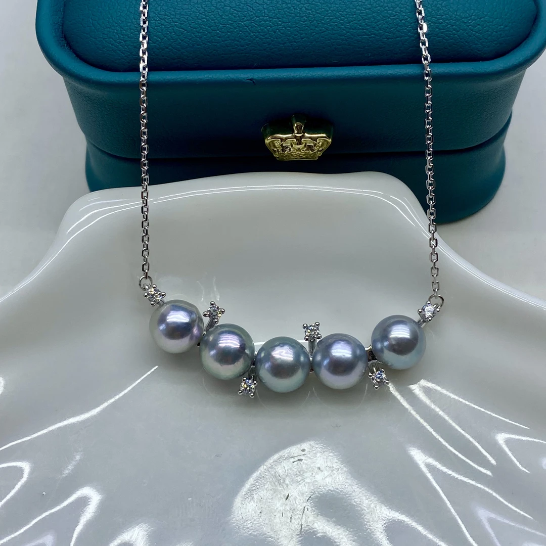 琪心海水akoya银蓝灰微笑设计款套链7-8