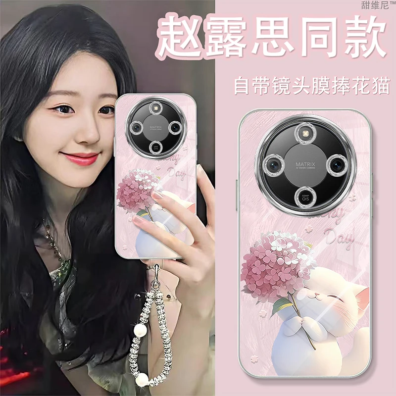 自带镜头膜适用荣耀X70手机壳新款防摔卡通HonorX70i捧花猫斜挎