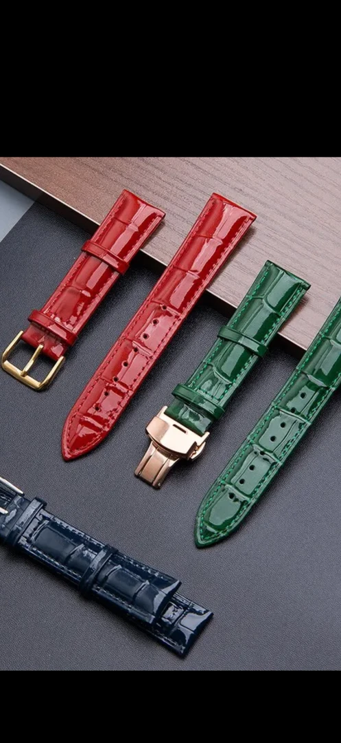 真皮竹节纹表带配双按蝴蝶扣紫绿蓝色快拆生耳手表带木盒装