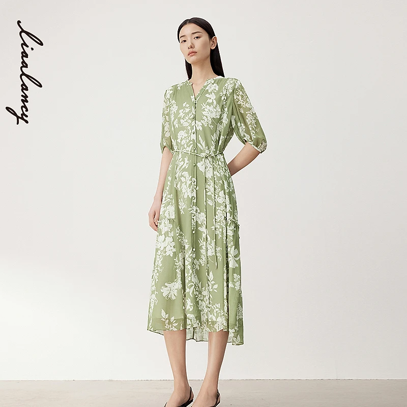 LANCY/朗姿2024夏季新款桑蚕丝小V领法式印花收腰长款连衣裙子女