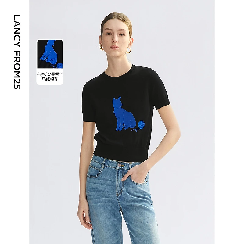 【拾月】朗姿2025夏新款高级感上衣设计感短袖黑色莱赛尔毛针织衫