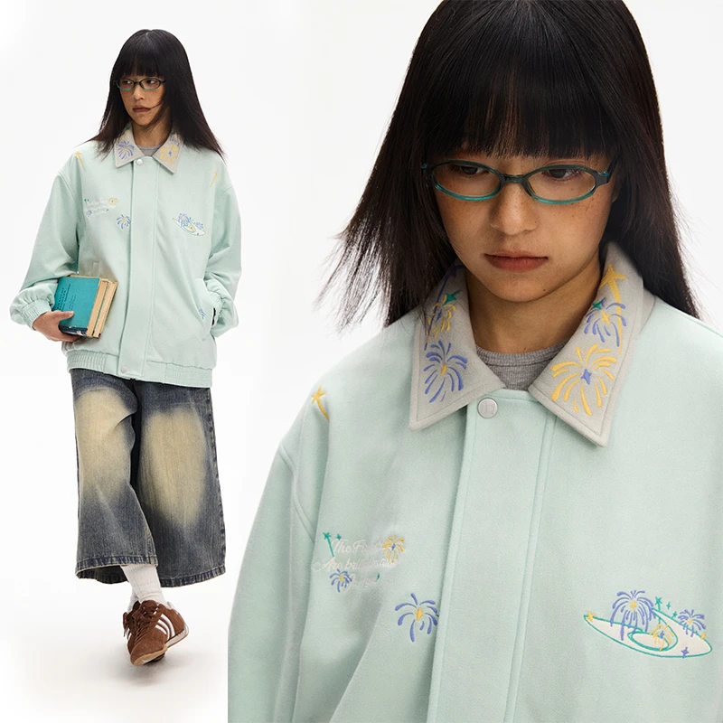 江南先生春季拼色翻领烟花刺绣设计美式感情侣夹克外套JN51J38