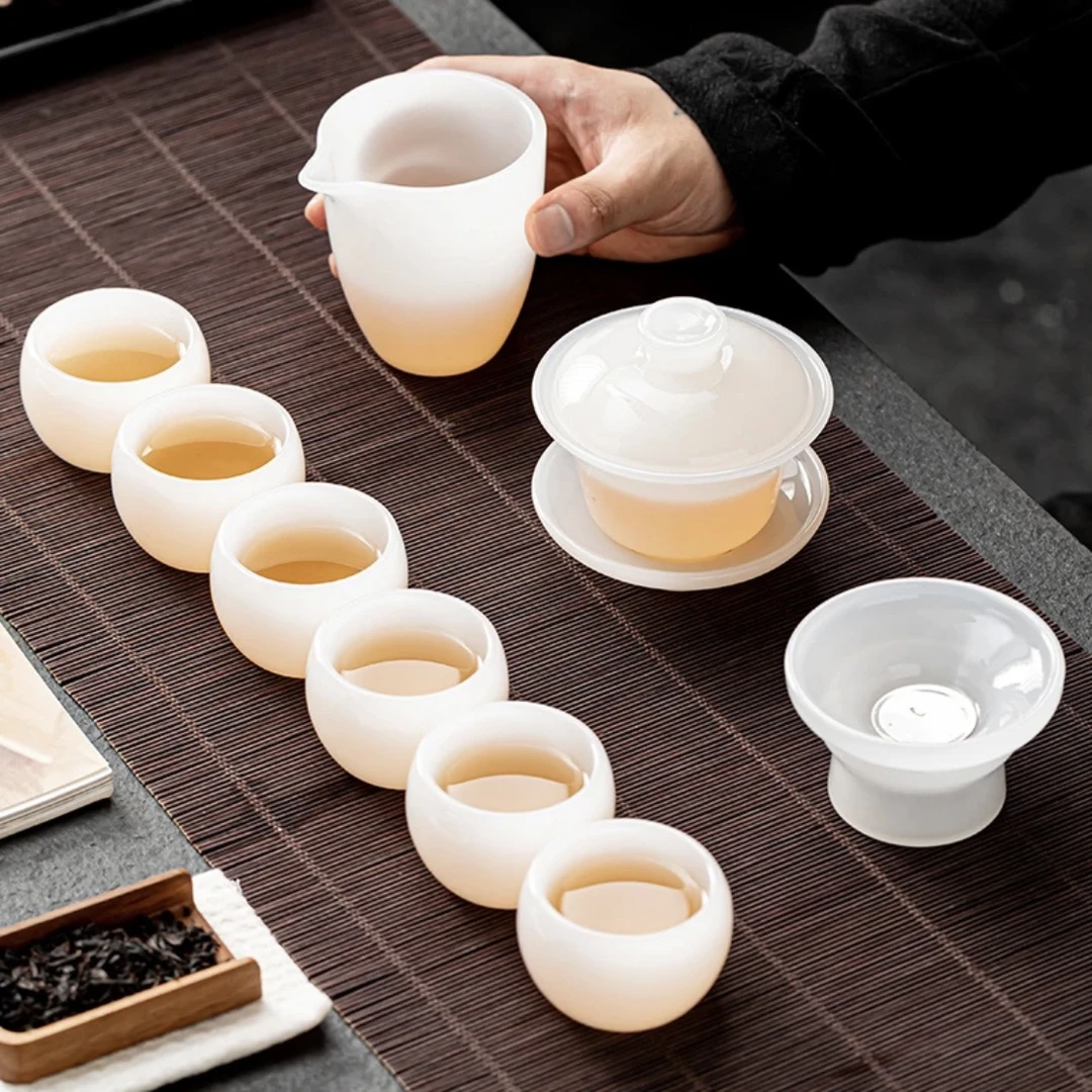 A 124(自用无礼盒)纯白琉璃盖碗整套不带礼盒