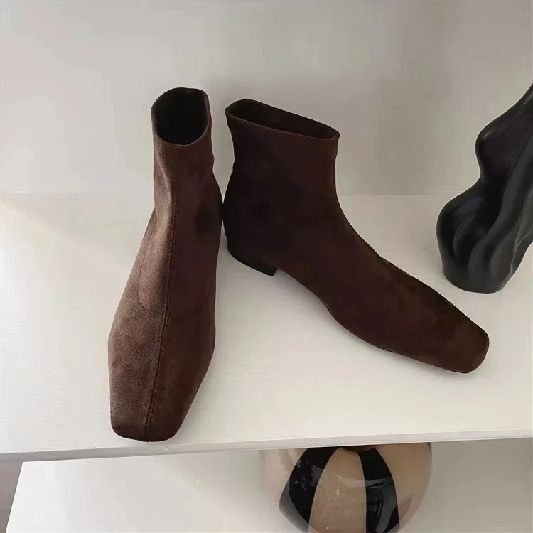 秋冬新款韩版通勤瘦瘦简约粗跟裸靴短靴195-8156(不加绒)