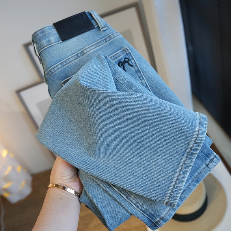 韩版时尚显瘦显腿直弹力高腰直筒九分牛仔裤女烟管法棍裤百搭外穿