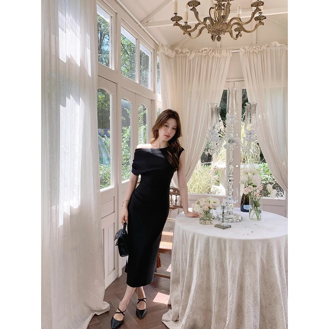 微胖mm纯欲遮胯显瘦斜肩开叉连衣裙设计感包臀裙一字肩礼服