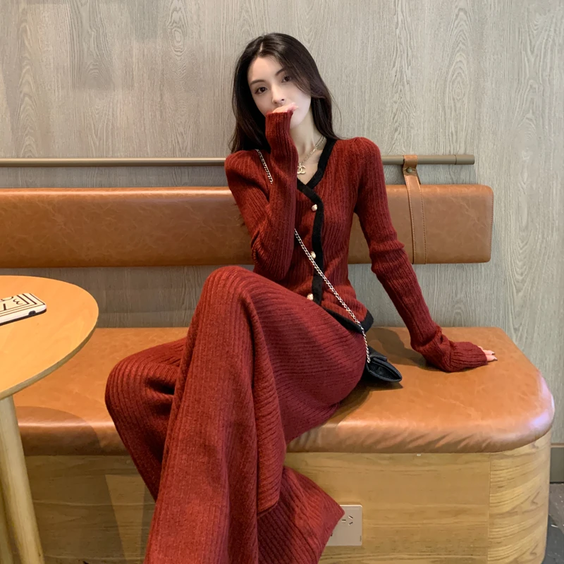 红色小香风过年衣服女一整套显瘦气质时尚针织阔腿裤两件套装秋冬