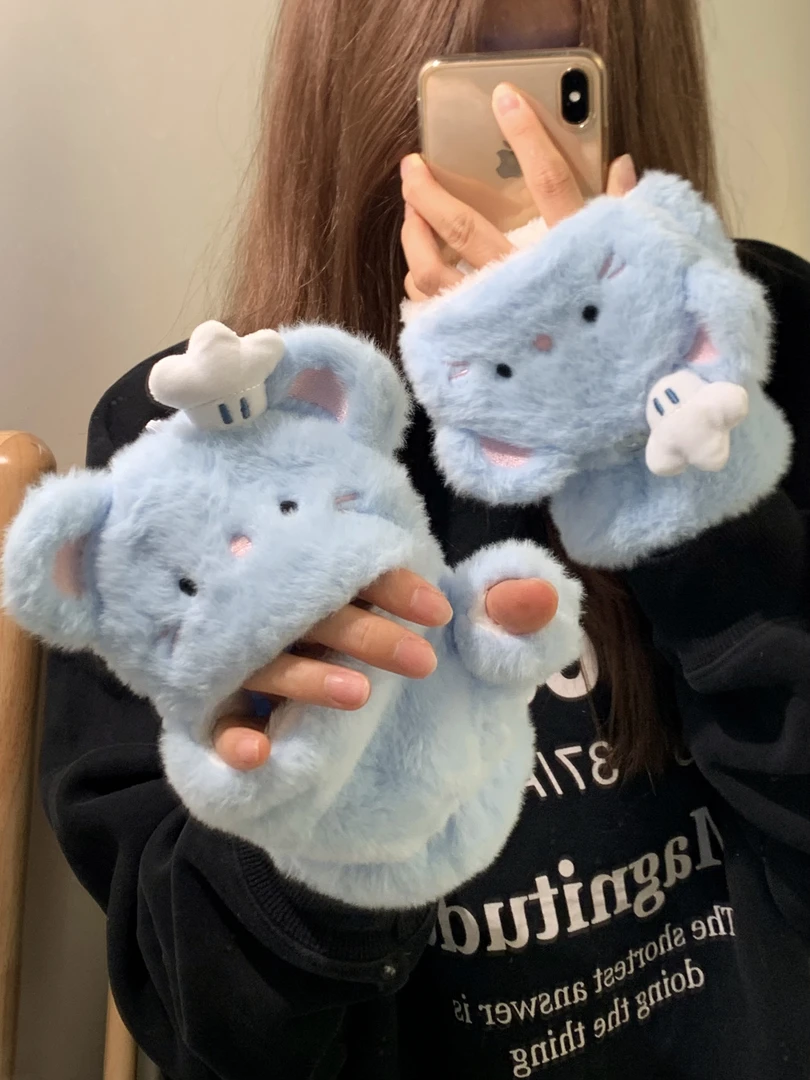 料理鼠鼠~可爱半指翻盖手套女冬季加绒加厚学生写字防寒骑行防风