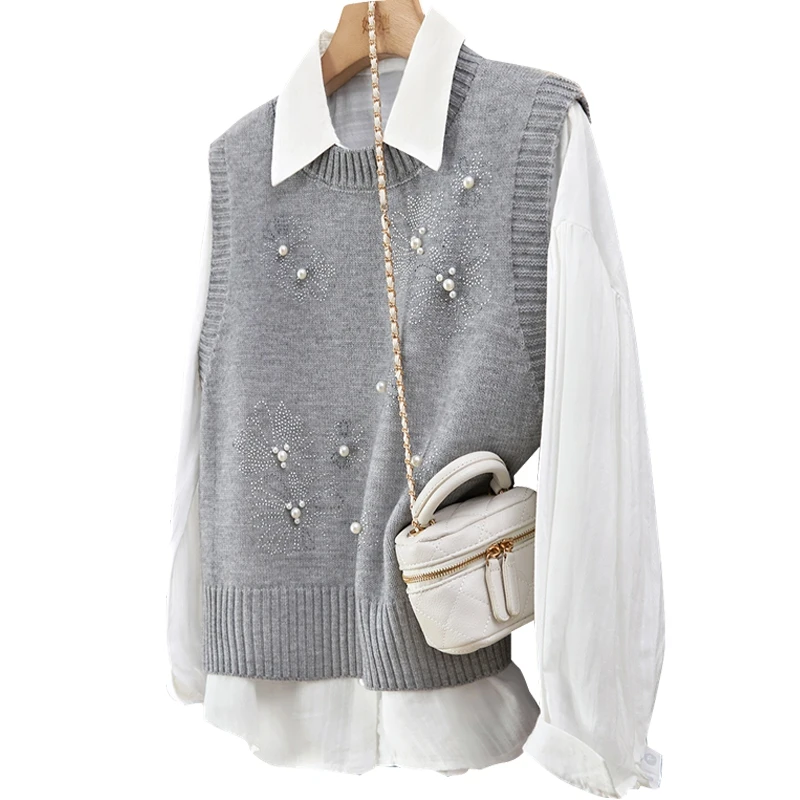 针织马甲2025春装新款女装烫钻钉珠圆领短款马夹T51X0690J