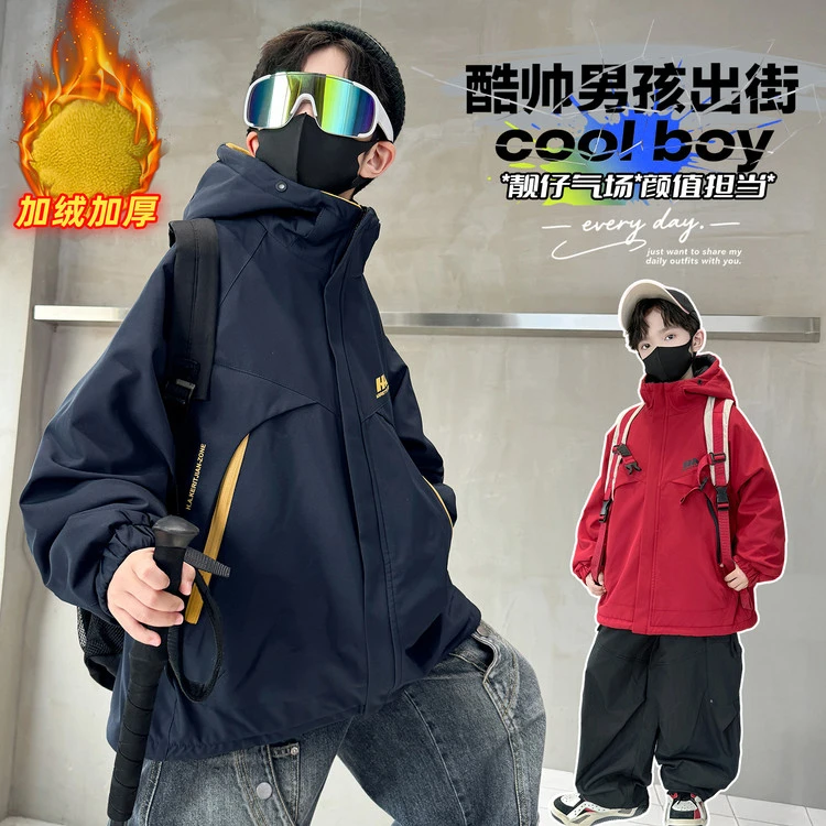 藏青色儿童加绒加厚奥粒绒外套秋冬季12岁潮款男童红色中大童外套