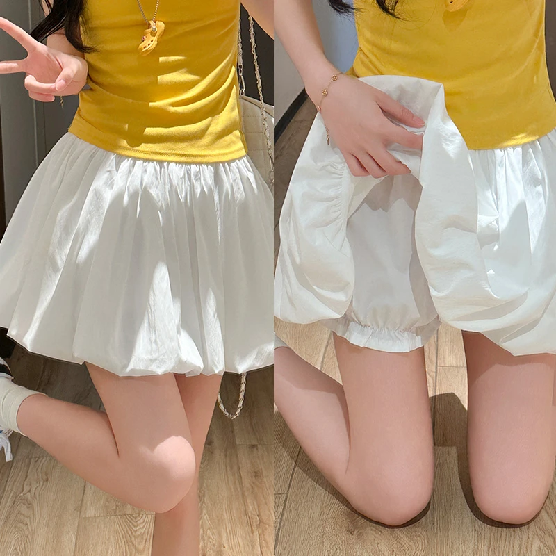 白色花苞短裙女夏季高腰a字高个子南瓜裤防走光蓬蓬半身百褶裙子