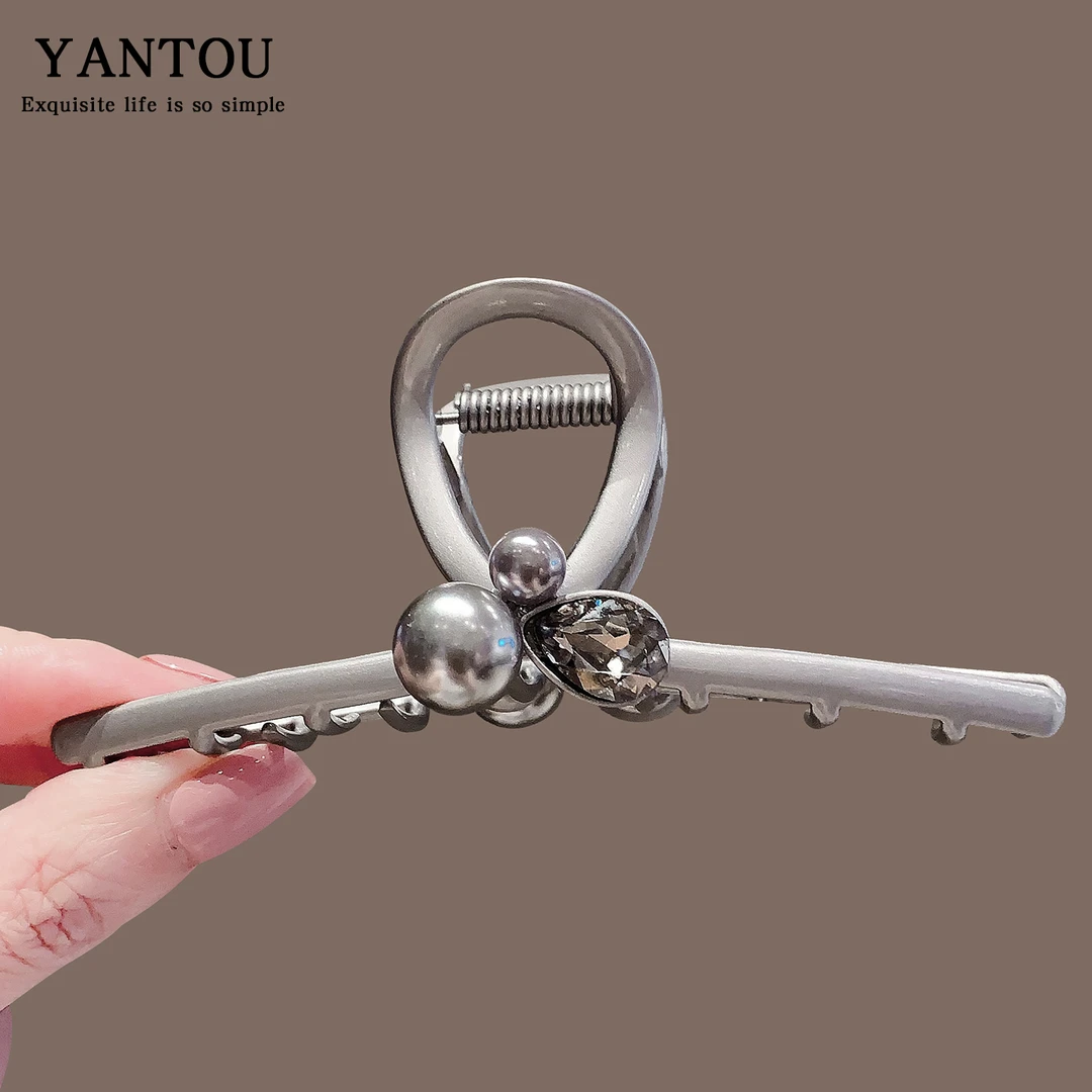 简约百搭灰色水晶鲨鱼夹发量多高级感后脑勺发夹气质金属发卡抓夹