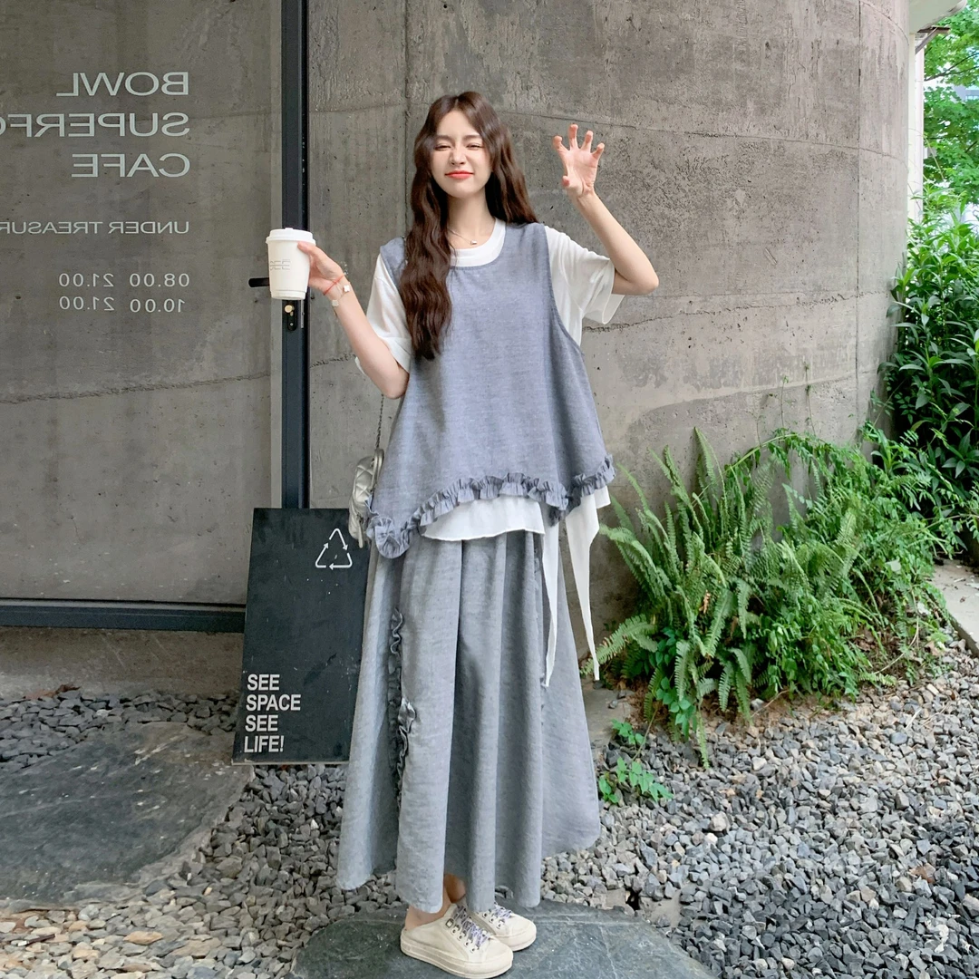 学院风设计感气质套装女2025秋季新款木耳边马甲半身裙T恤三件套