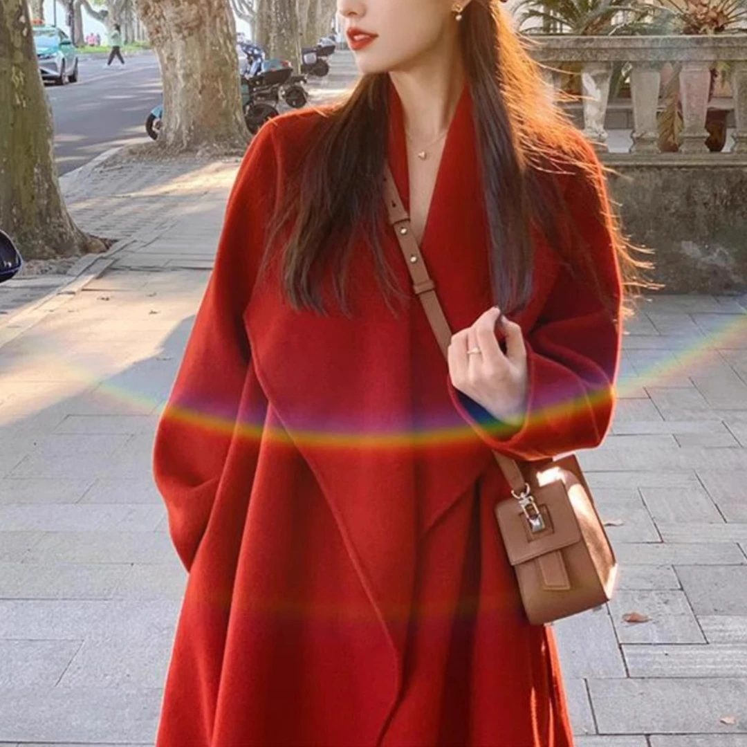 新款时尚洋气百搭女装婚庆双面呢大衣女2025冬季新款高级感圣诞红