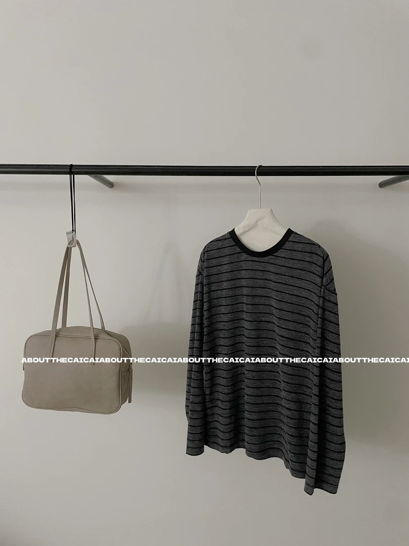 CAICAI春夏薄款条纹撞色长袖百搭T恤女韩系简约叠穿打底衫2504