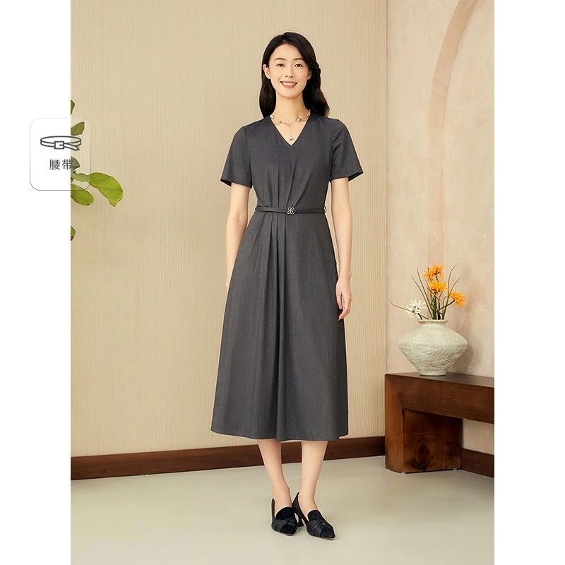 YINER音儿法式双色褶艺V领通勤收腰气质连衣裙8C35205330