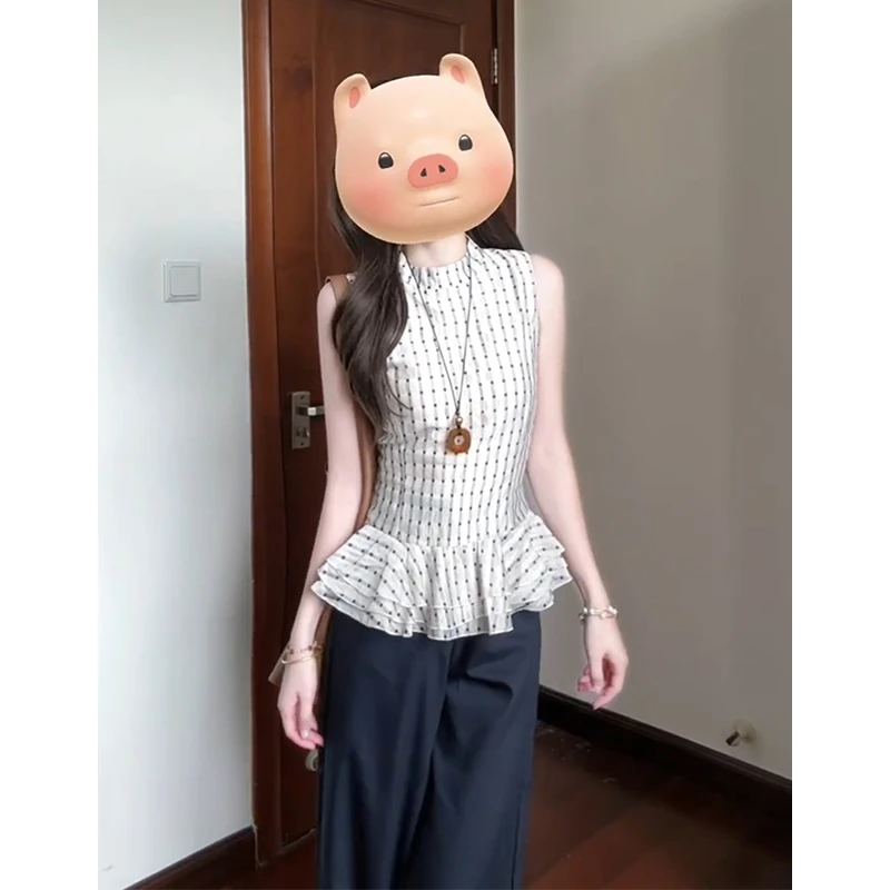 parkyeon法式复古花边下摆格子无袖背心上衣女宽松阔腿休闲裤套装