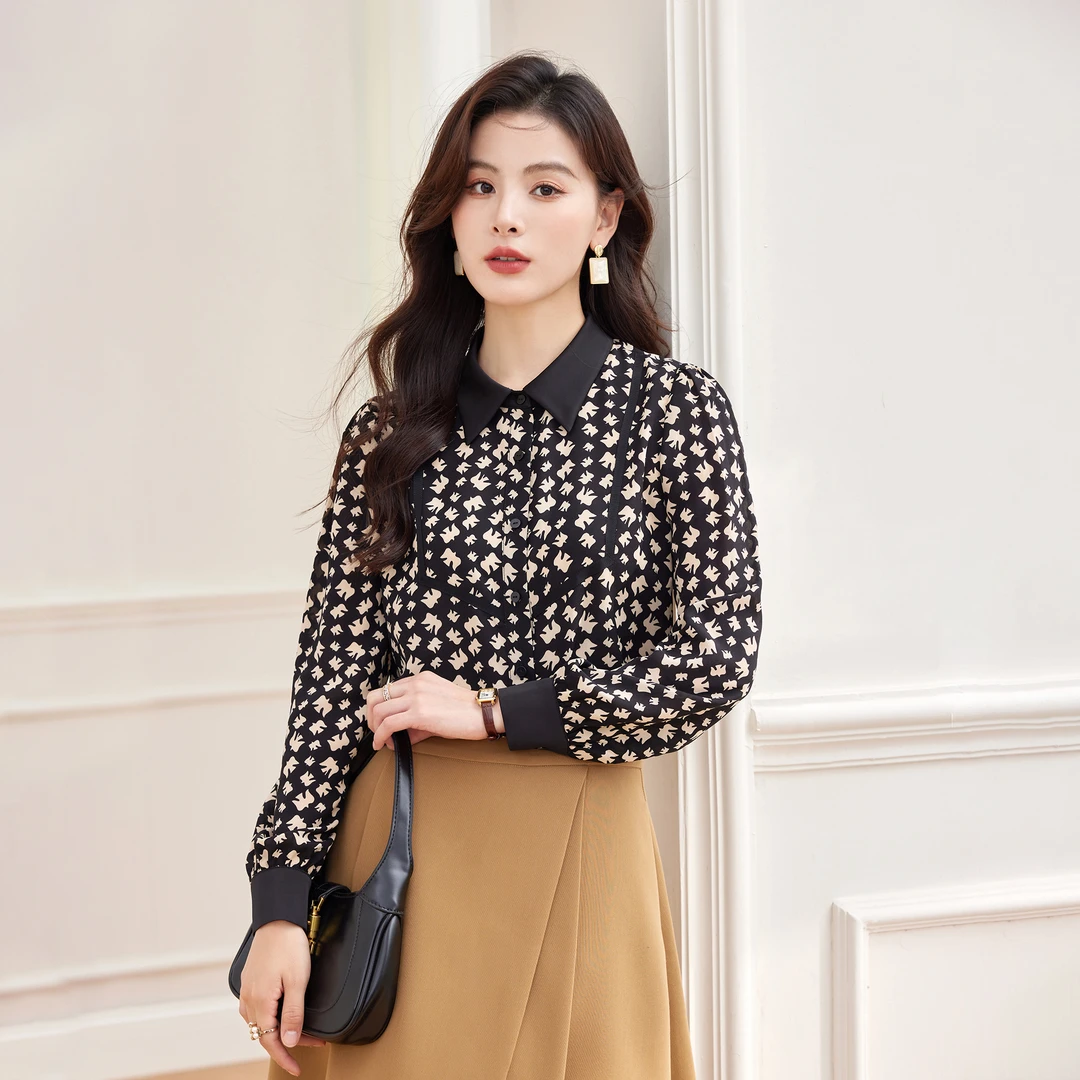 【春季上新】高端法式轻奢设计感气质百搭撞色拼接印花衬衫AQ2724