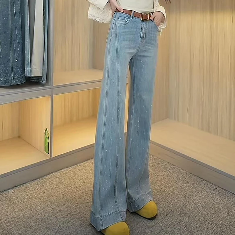 2025年秋季新款天蓝色弹力高腰阔腿微喇裤烫钻显高显瘦牛仔裤女士