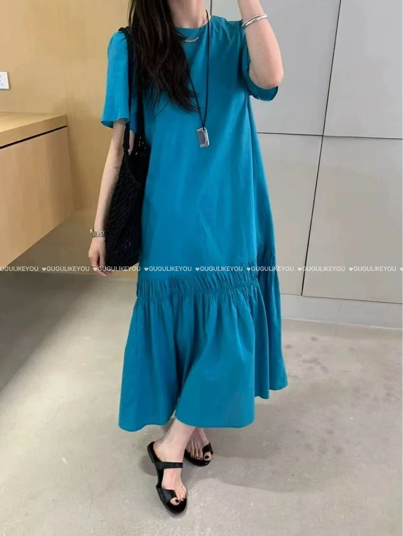 【古古】新04.02气质韩系纯色苎麻拼接长裙G25438