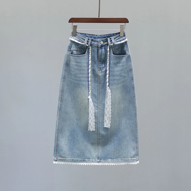 复古高腰牛仔半身裙女2025夏季新款中长款拼接花边洋气包臀A字裙