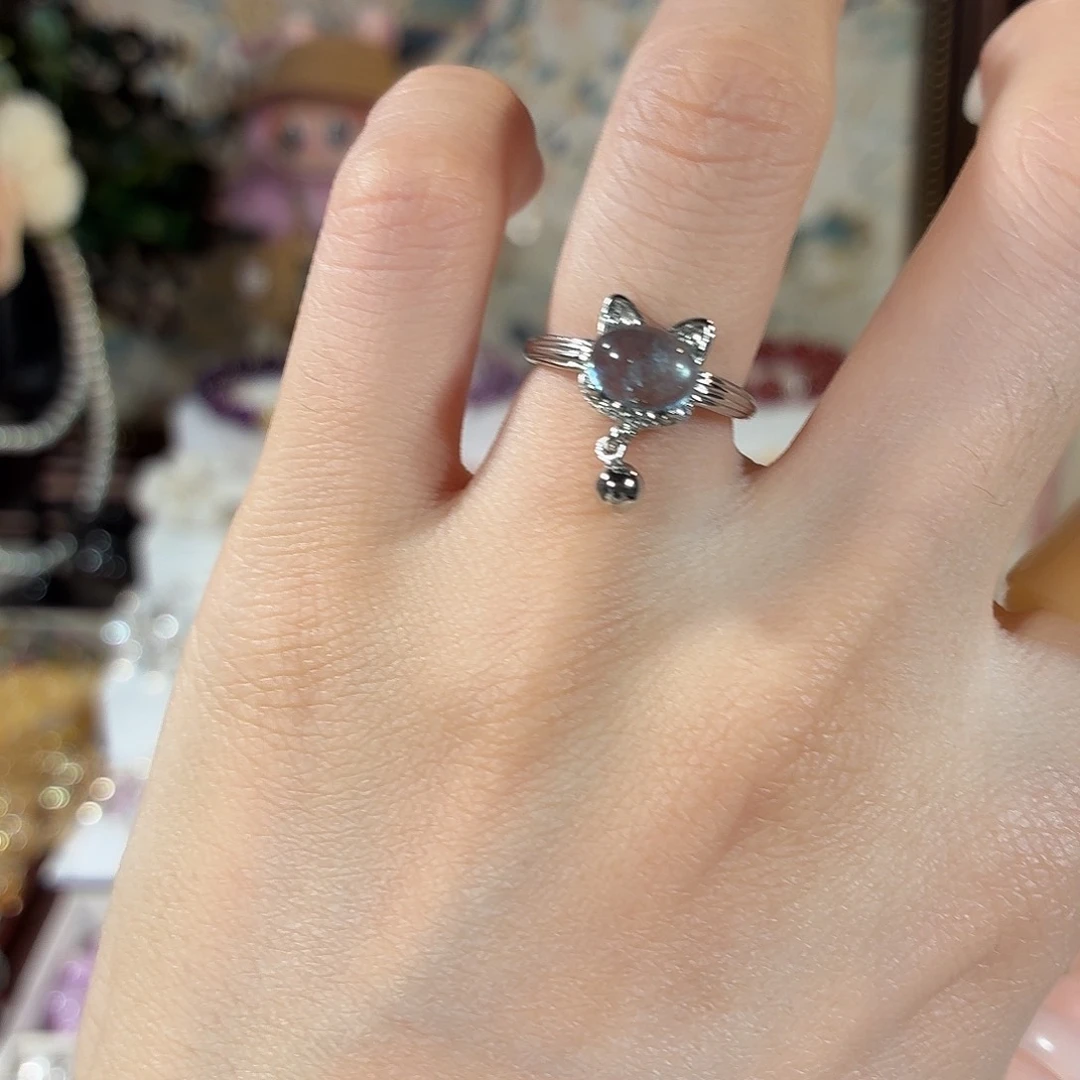 戒圈合金海蓝宝石海蓝宝猫咪戒指可调节