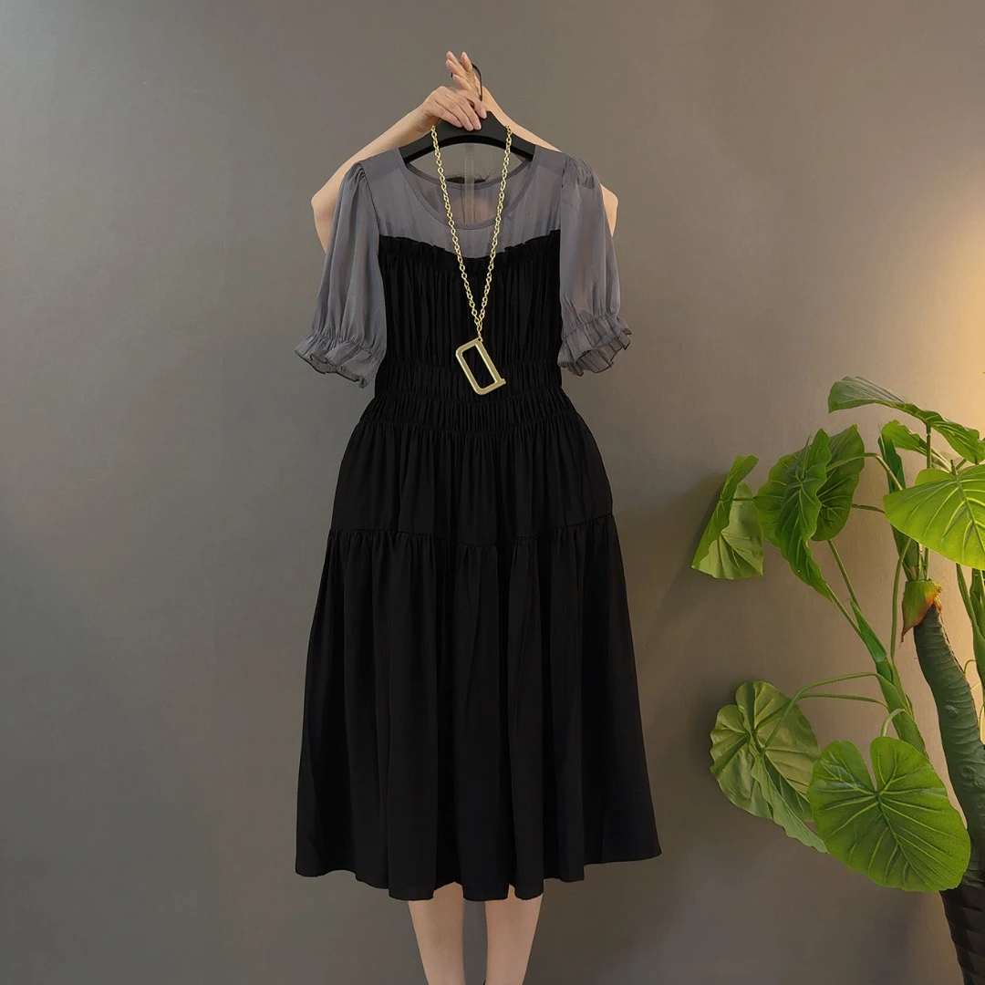 泡泡袖拼接中长裙夏季短袖连衣裙裙子黑色法式女装