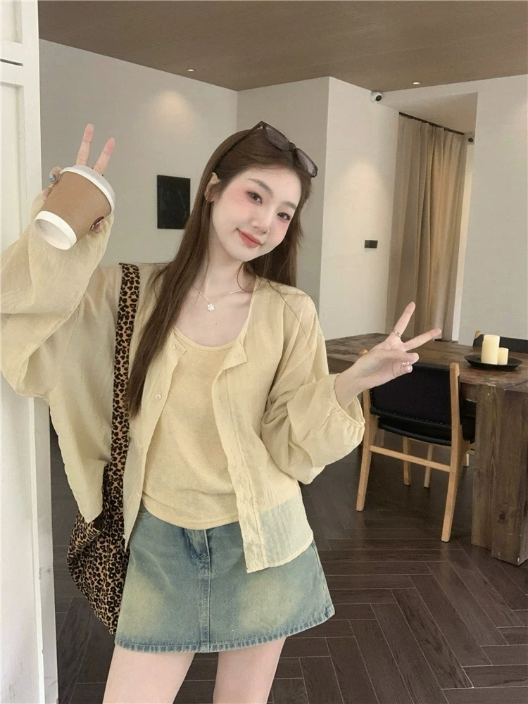 小众慵懒随性圆领防晒衬衫开衫套装女夏季内搭吊带背心空调两件套