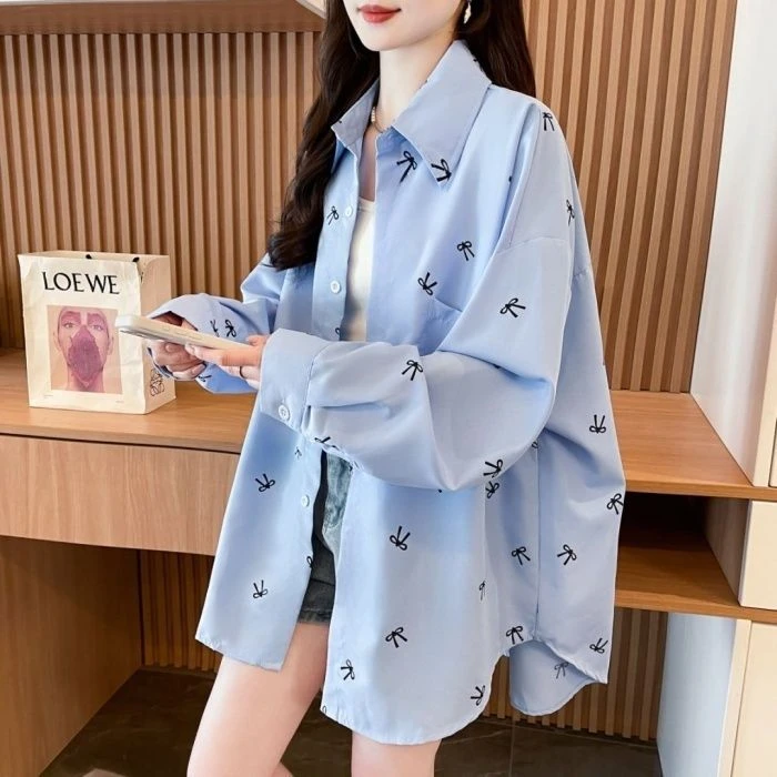 长袖衬衫女2026春夏季新款蝴蝶结设计感宽松衬衣显瘦独特薄款上衣
