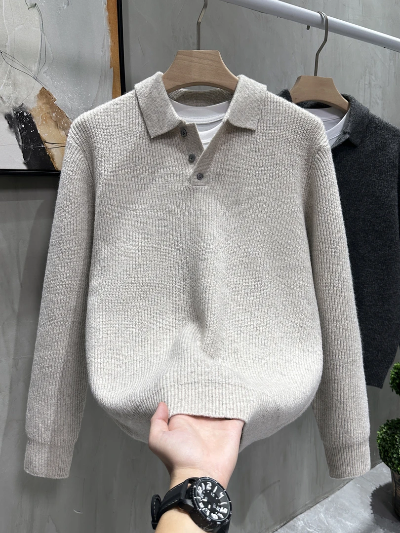 秋冬季日系休闲轻奢风翻领男polo衫简约纯色细条磨毛百搭针织毛衣