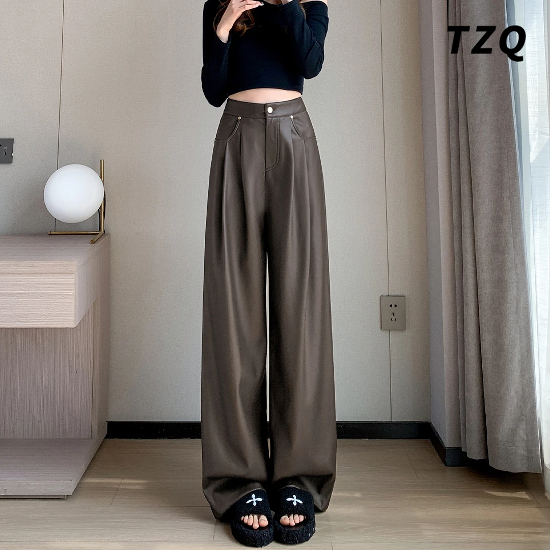 高级感阔腿裤女2025秋季爆款高腰显瘦垂感加绒百搭皮裤TZQ2582025