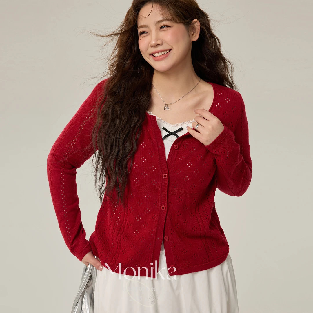 大码女装胖mm复古镂空设计感外搭针织开衫春装慵懒风上衣15543