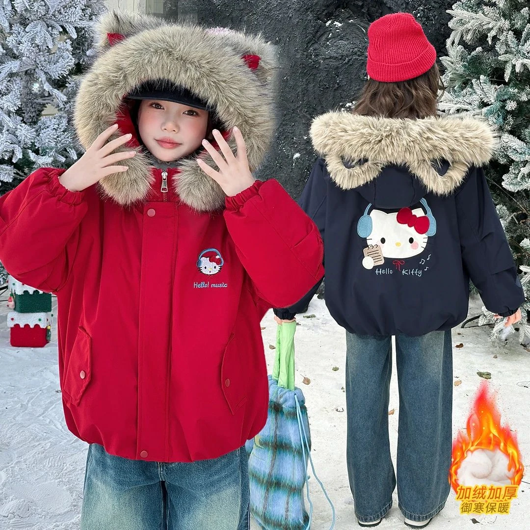 女童毛领卡通加绒派克服2025新款秋冬款加厚棉服连帽kt冲锋衣外套