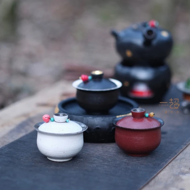 小康茶器 纯手工李朝白粉引金箔盖碗 120cc