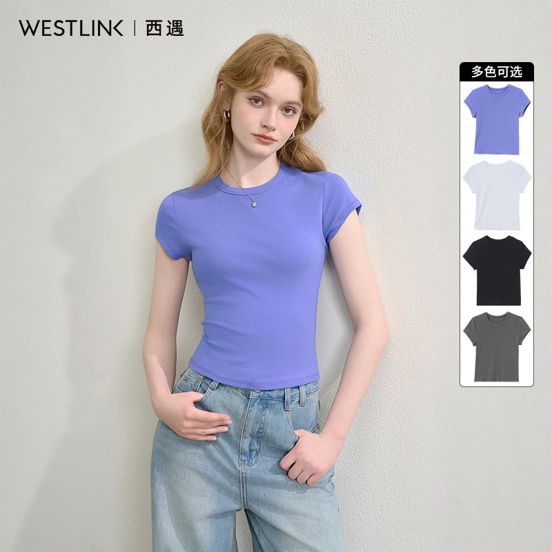 0984西遇短袖T恤女2025年夏季新款纯色基础修身显瘦圆领短款上衣