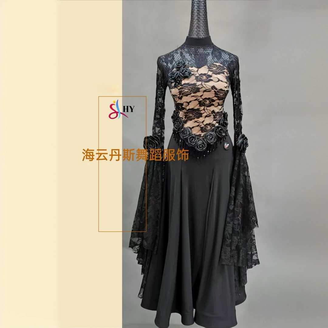 海云丹斯②新款交谊舞摩登舞新款蕾丝水晶表演连衣裙HYL014