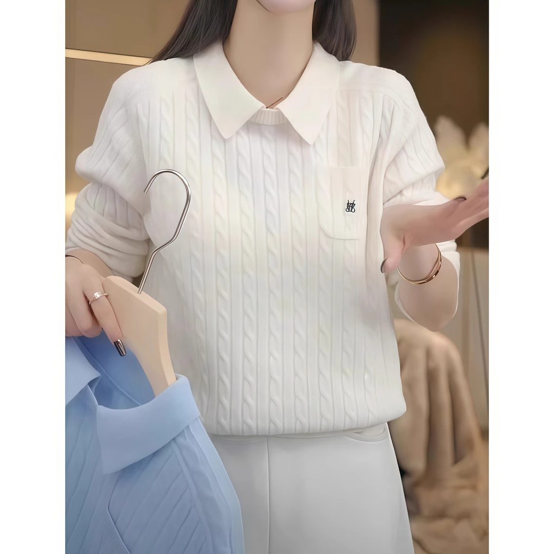 秋冬新款polo领拼接假两件长袖针织衫女时尚洋气龄麻花刺绣毛衣潮