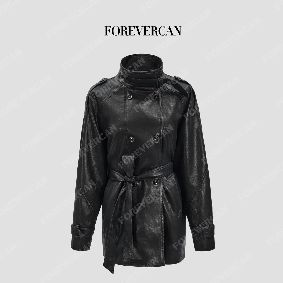 FOREVERCAN“姐感天菜”立裁大翻领收腰廓形皮衣风衣外套WC57306