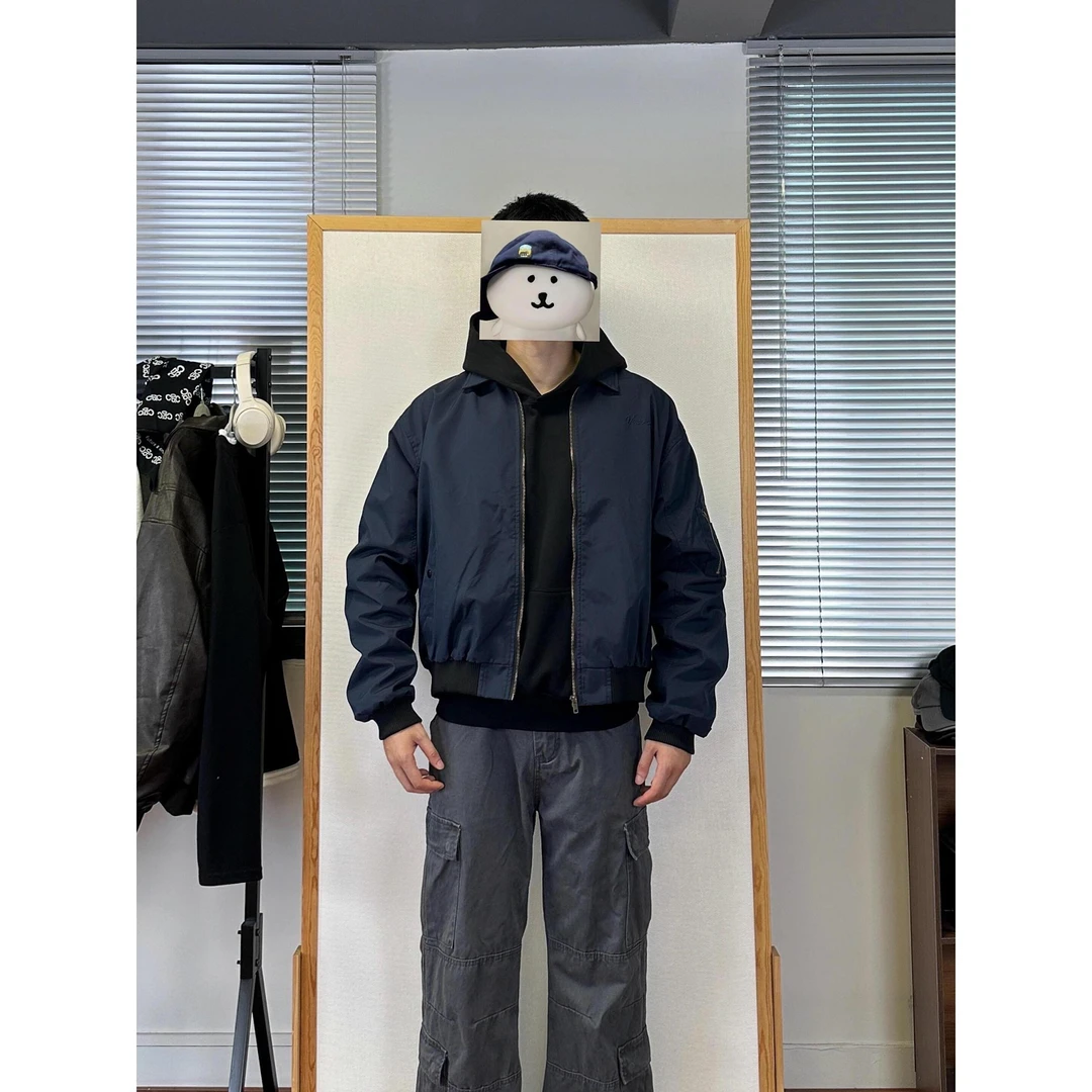 藏青色飞行员夹克男秋季美式痞帅棒球服cleanfit短款正肩廓形外套