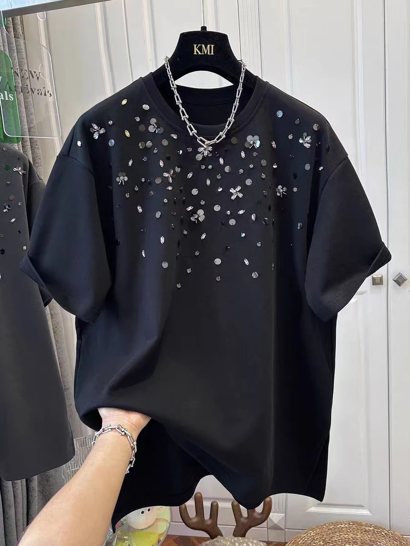 300斤特大码夏季休闲设计感重工烫钻圆领T恤男时尚百搭半袖上衣潮