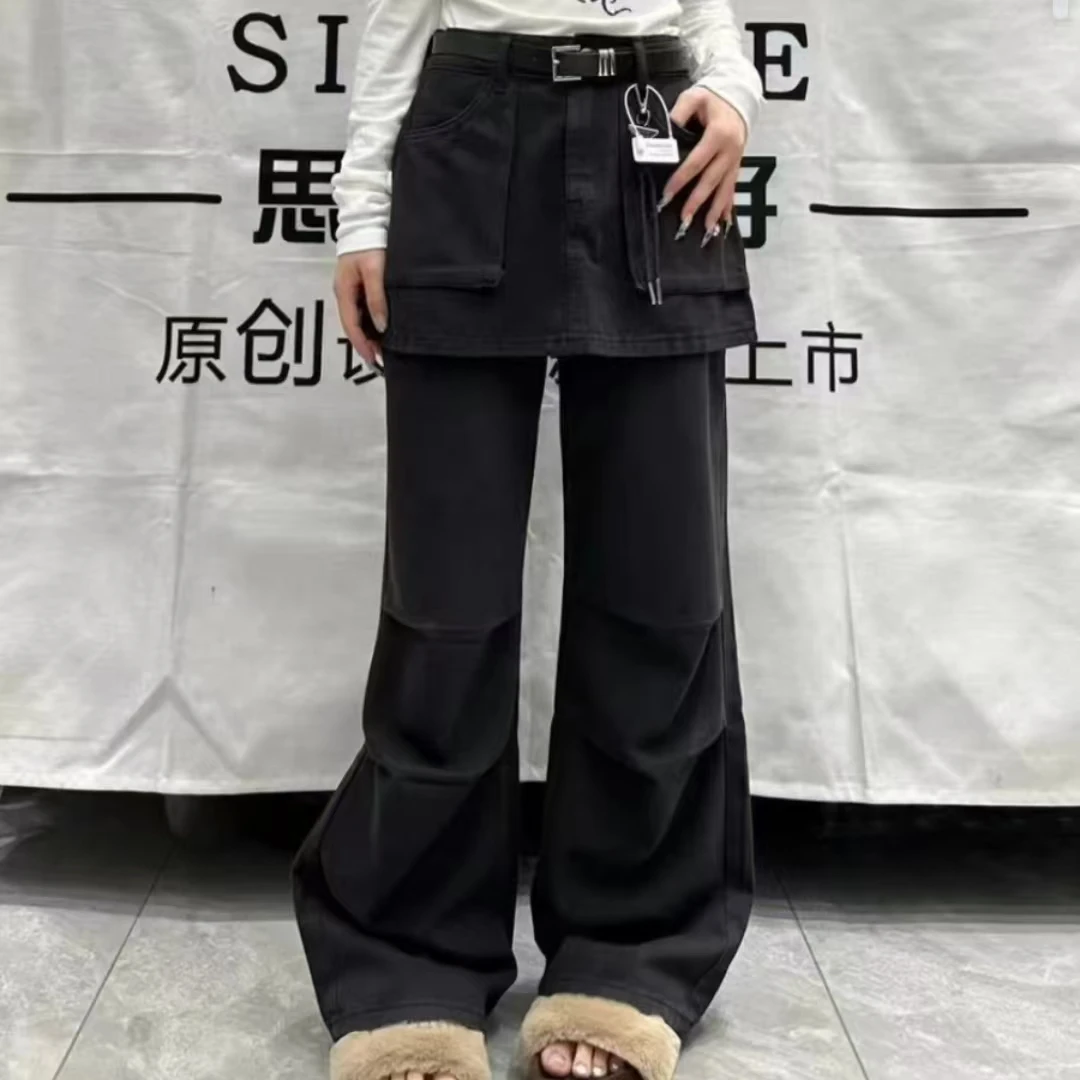 608/53/149-9   时尚高腰拼接口袋飘带宽松阔腿休闲裤