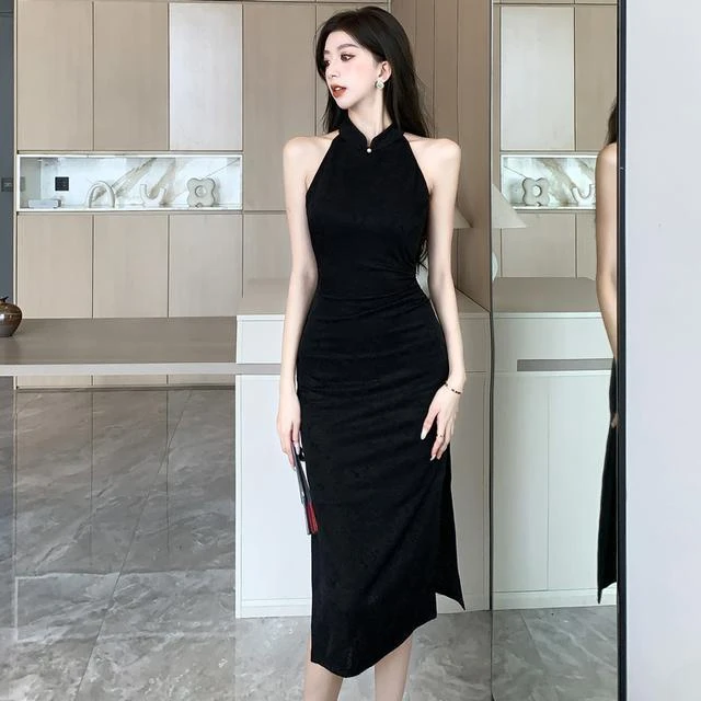 2025年新中式年轻款气质性感玫瑰提花黑色无袖高端