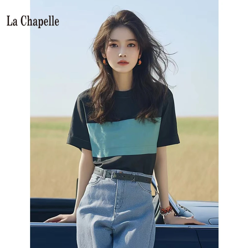 拉夏贝尔蓝黑短袖t恤女2025夏季韩系洋气独特超别致绝美百搭上衣