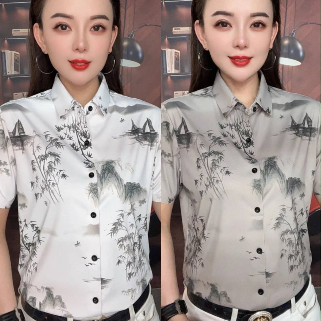 【台州双蝉男装】新款修身薄款男士乱纹山水画时尚常规款短袖衬衫