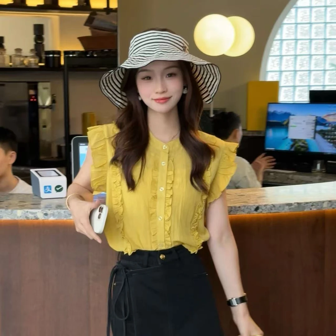 Barbie Siyu【青苹果】8275 夏季宽松木耳边单排扣减龄小衫时尚上衣