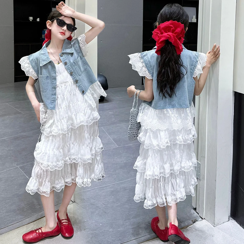 女童洋气时髦夏季新款牛仔马甲吊带裙套装2025女孩超好看公主裙