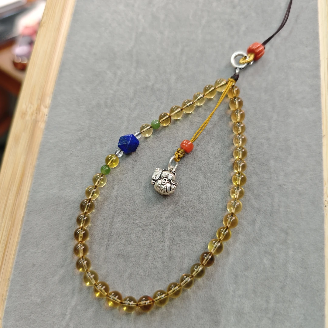 【蜜语原创】招财猫提溜 天然蓝珀小点位手机挂