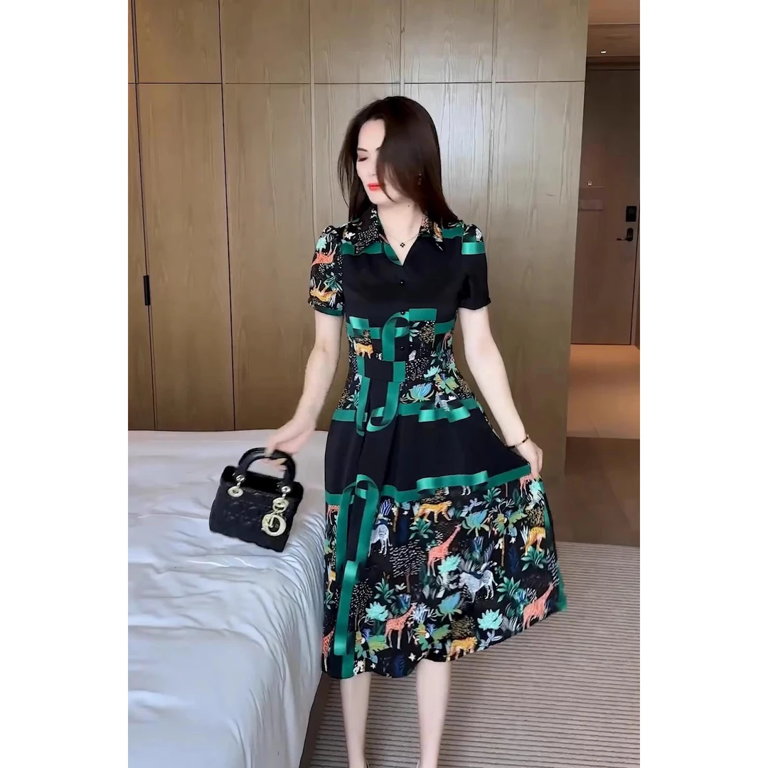 有腰带绿色印花真丝连衣裙女夏季中长款修身显瘦收腰洋气妈妈裙子