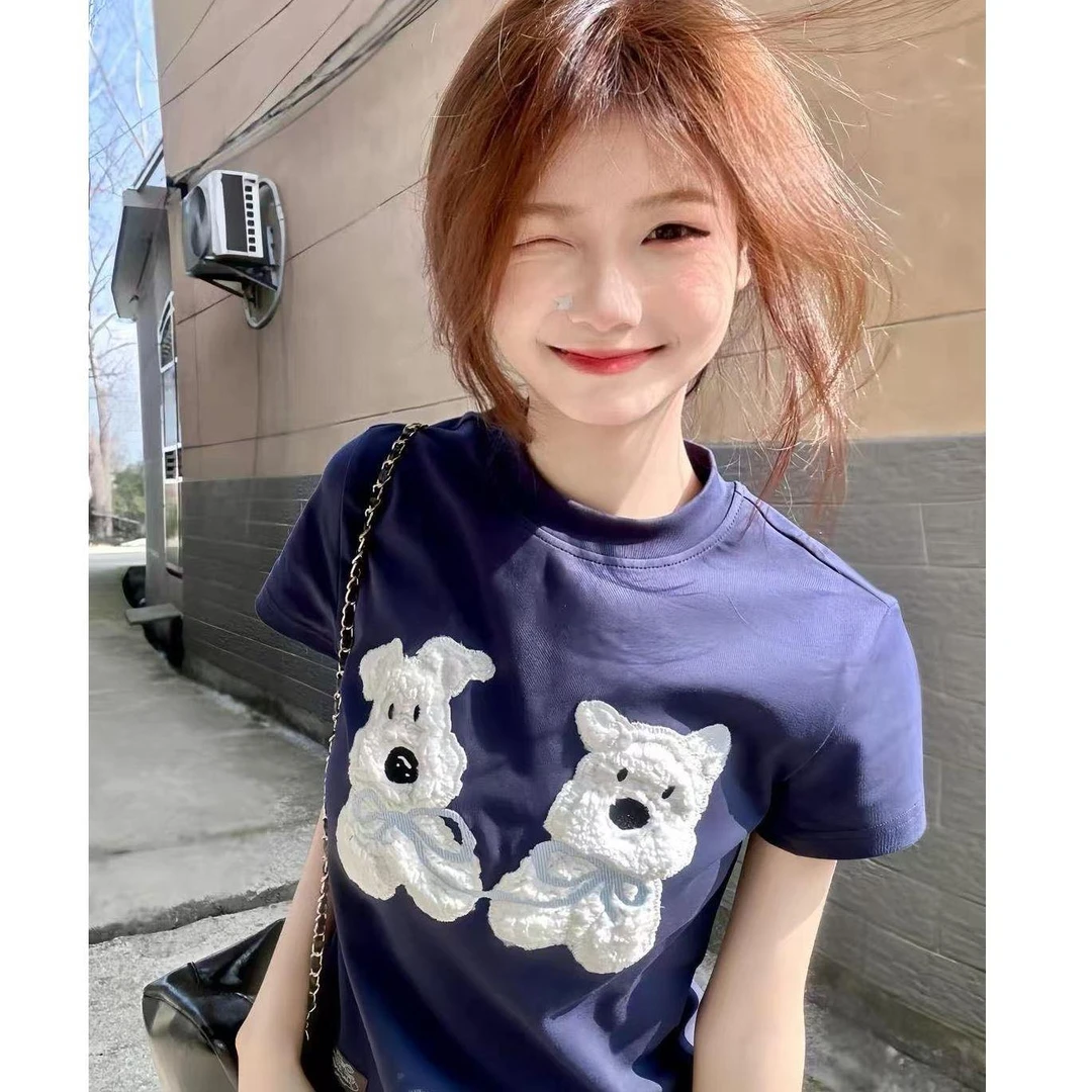 少量现货-大码休闲短袖t恤女夏季2025新款外穿不规则卡通甜辣上衣